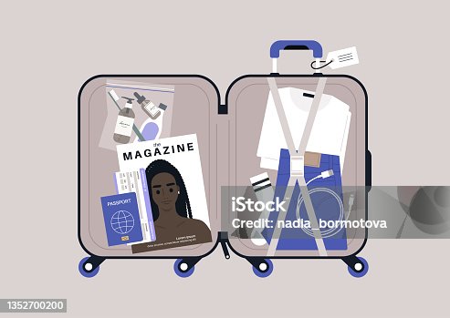 istock Open suitcase with personal belongings packed into it, travel concept, airport security check 1352700200
