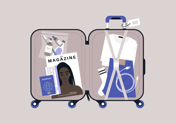 stockillustraties, clipart, cartoons en iconen met open suitcase with personal belongings packed into it, travel concept, airport security check - packing suitcase