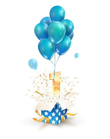 Open textured gift box with number 1 flying on balloons. Greeting for First anniversary isolated vector design elements