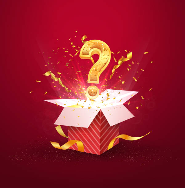 Open textured red box with question sign and confetti explosion inside and on blue background. Mystery gift box with secret isolated vector illustration Open textured red box with question sign and confetti explosion inside and on blue background. Mystery gift box with secret isolated vector illustration. mystery stock illustrations