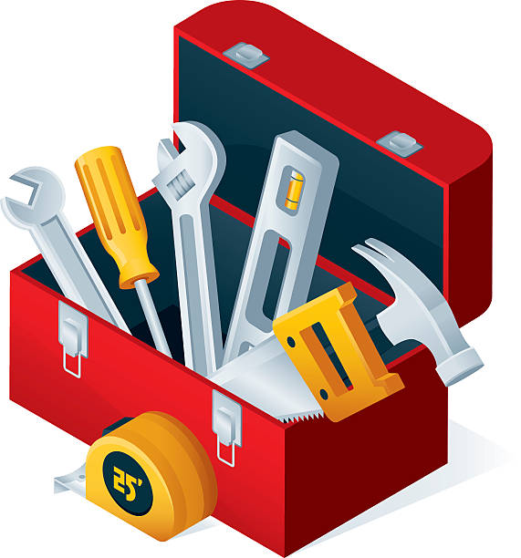 werkzeuge im werkzeugkasten mit - werkzeugkasten von oben stock-grafiken, -clipart, -cartoons und -symbole