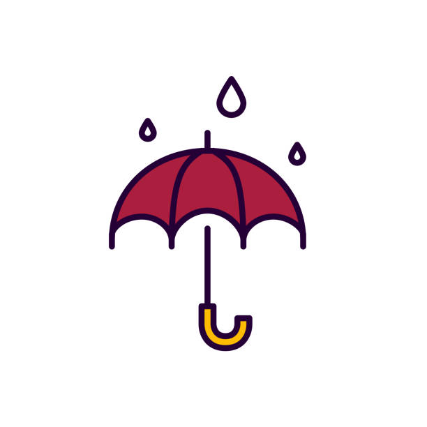 Open umbrella with rain falling down. Pixel perfect, editable stroke colorful line art icon vector art illustration