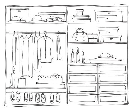 Open wardrobe with clothes on shelves and hangers. Vector illustration of a sketch style.