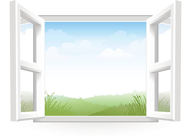 Open White Window with Scenery  window borders stock illustrations