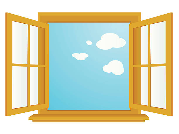 open window vector cartoon-style illustration of an open window, with a blue sky in background. zip file contains additional AICS2 and PDF formats window illustrations stock illustrations
