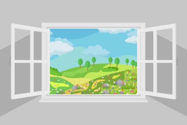 ilustrações, clipart, desenhos animados e ícones de abra a janela com paisagem bonita do verão - janela