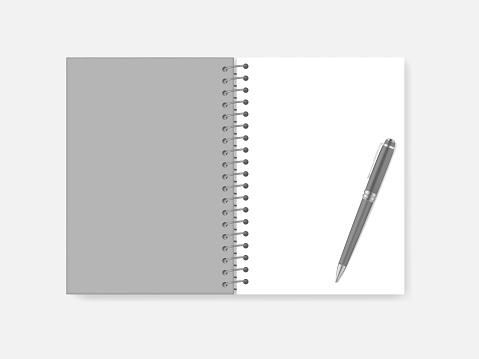 Open wire spiral A4 note book with ballpoint pen, realistic mock-up
