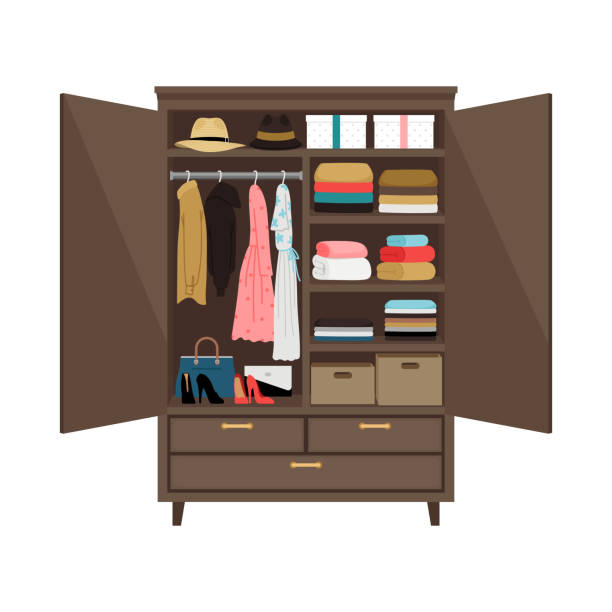 ilustrações de stock, clip art, desenhos animados e ícones de open wooden wardrobe - clothes wardrobe