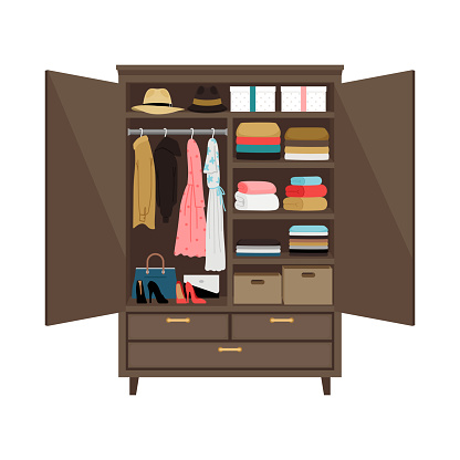 Open Wooden Wardrobe Stock Illustration - Download Image Now - iStock