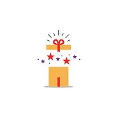 Surprising gift, opened present box, unusual experience, special celebration, birthday party, vector flat illustration