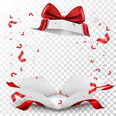 istock Opened gift box with red bow and serpentine on transparent background 1289775040