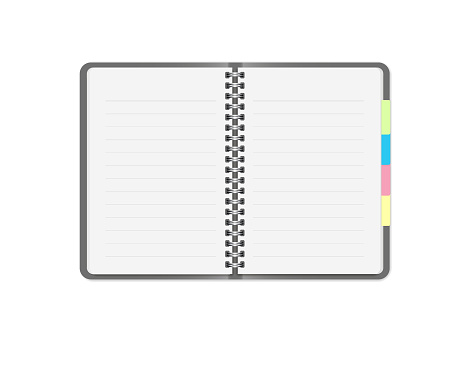 Opened organizer or diary. Vector 3d realistic. Mockup. Notepad with Striped paper and color bookmarks. Empty white lined pages on metal springs. address book. EPS10.