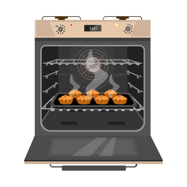 Opened oven with freshly baked cakes Opened oven with freshly baked cakes on the pan. Home bakery. Isolated on white. Cartoon vector illustration. oven stock illustrations