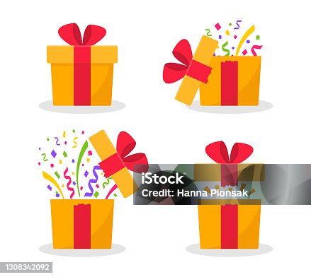 istock Opened surprise gift box with confetti. Gift box with red ribbon bow. Flat style. Element design for giveaway, surprise, holiday. Vector illustration. 1308342092