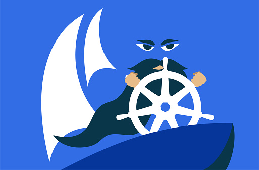 Open-source system for automating computer application management. Developer on boat with steering wheel. Vector illustration