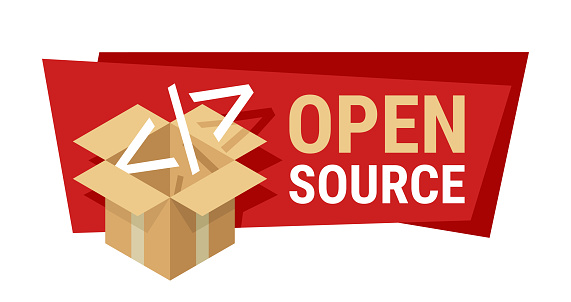 Open-Source software banner with open box. Application with free source code to anyone and for any purpose