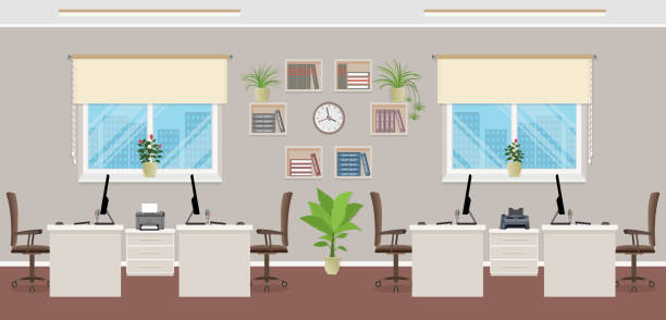 Openspace interior design with four workplaces. Office interior concept including office furniture and windows. Openspace interior design with four workplaces. Office interior concept including office furniture and windows. Working indoor room template without people. Flat style vector illustration. office backgrounds stock illustrations