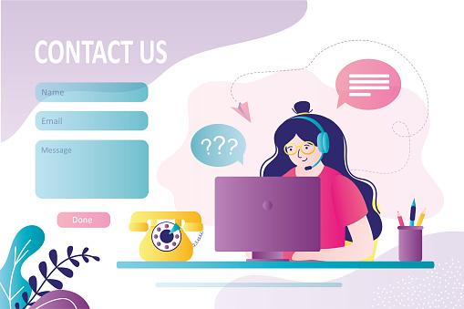 Operator in headphones communicates with clients on various issues. Contact us form template. Girl from support service helps customers. Hotline and call center. Landing page. Flat vector illustration