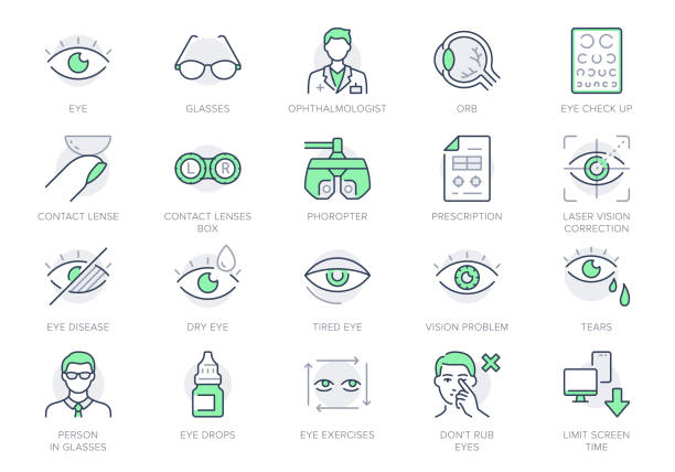 Ophthalmology line icons. Vector illustration include icon - contact lens, eyeball, glasses, blindness, eye check, outline pictogram for optometrist equipment. Green Color, Editable Stroke Ophthalmology line icons. Vector illustration include icon - contact lens, eyeball, glasses, blindness, eye check, outline pictogram for optometrist equipment. Green Color, Editable Stroke. eye doctor stock illustrations