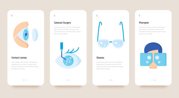 Ophthalmology mobile user interface with flat icons: cataract eye surgery, contact lenses,  eyeglasses, phoropter. Vector illustration, template with copy space. Ophthalmology mobile user interface with flat icons: cataract eye surgery, contact lenses,  eyeglasses, phoropter. Vector illustration, template with copy space. eye doctor stock illustrations