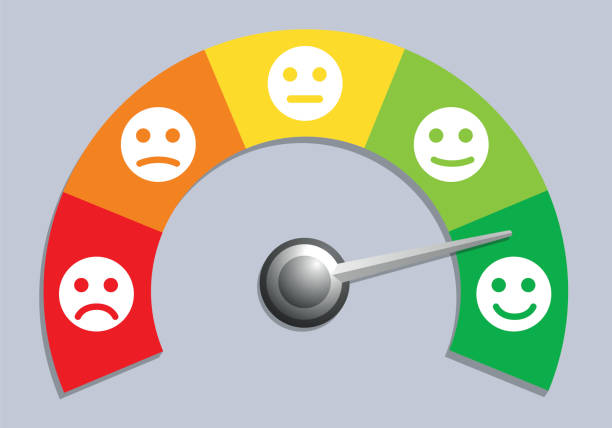 Opinion poll concept with a graduate meter of satisfaction level. Concept of the evaluation of an opinion with a counter indicating different indices of satisfactions, presented in the form of emoticons. cheerful stock illustrations