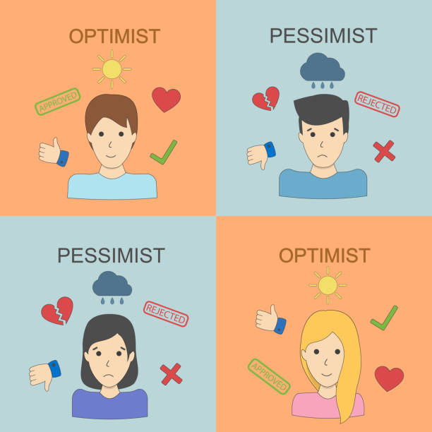 Optimist and pessimist. Optimist and pessimist. Two points of view. Happiness and sadness. half happy half sad stock illustrations