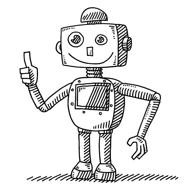 Hand-drawn vector drawing of a Optimistic Robot with a Thumb Up Hand. Black-and-White sketch on a transparent background (.eps-file). Included files are EPS (v10) and Hi-Res JPG.