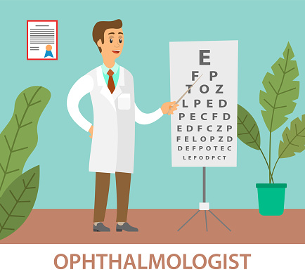 Optometrist points to the table for testing visual acuity. A doctor in a white coat in hospital