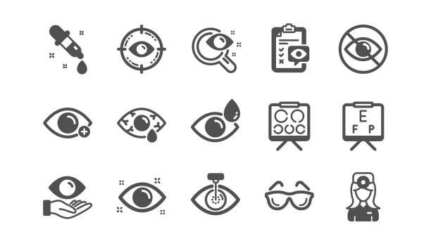 Optometry, Eye doctor icons. Medical laser eye surgery, glasses and eyedropper. Classic set. Vector Optometry, Eye doctor icons. Medical laser surgery, glasses and eyedropper. Pink eye, Cataract surgery and allergy icons. Optician board, oculist chart. Classic set. Quality set. Vector eye symbols stock illustrations