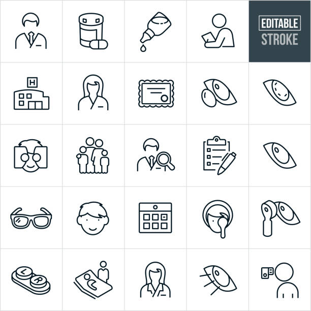 Optometry Thin Line Icons - Editable Stroke A set of optometry icons that include editable strokes or outlines using the EPS vector file. The icons include an optometrist, optometrist assistant, medication, eye drops, check-up, hospital, human eye, contacts, eye exam, family, doctor search, checklist, eye glasses, boy, appointment and other related icons. eye doctor stock illustrations