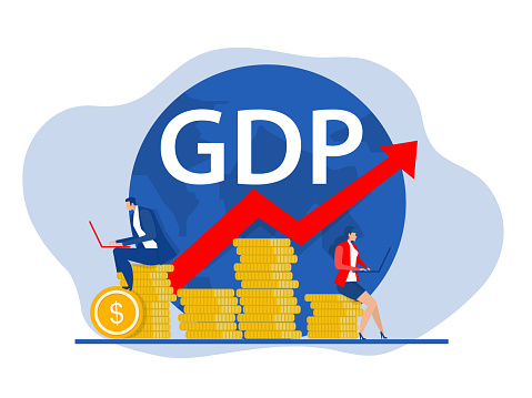 GDP or gross domestic product rate with Growth arrow chart and globe business economy concept Vector illustration