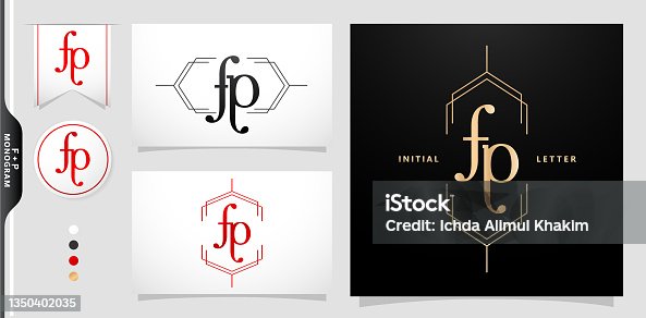 istock FP or PF initial letter and graphic name, FP or PF Monogram, for Wedding couple monogram, logo company and icon business, with black white color, gold color and gradient red color isolated background 1350402035