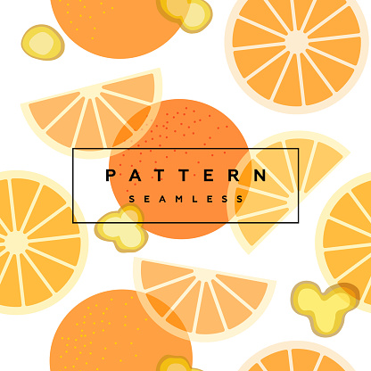 Orange and ginger seamless pattern. Transparent fruits and frame with text is on separate layer.