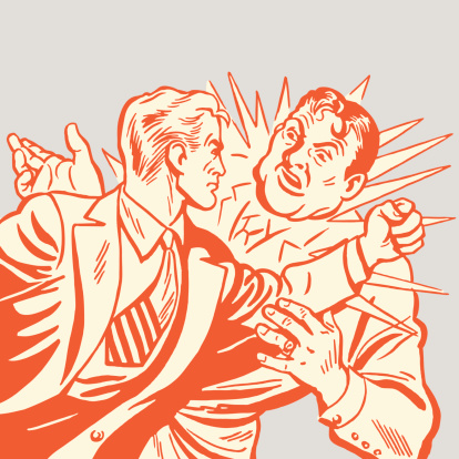 Orange cartoon of two men in fist fight