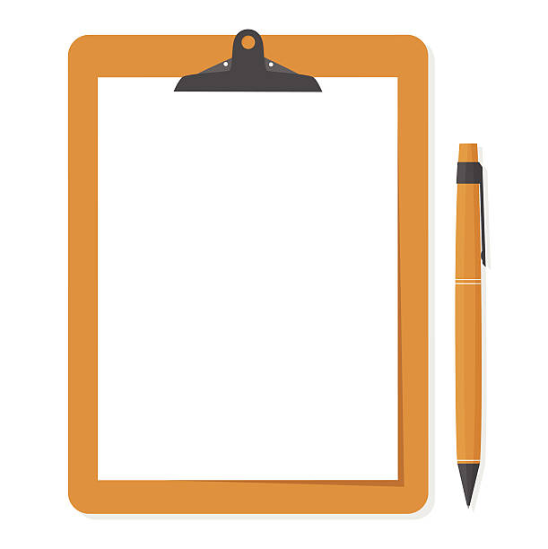 Orange clipboard with white paper and pen put alongside. Orange clipboard with white paper and pen put alongside. paper clipart stock illustrations