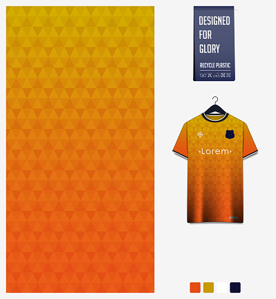 Orange gradient geometry shape abstract background. Fabric textile pattern design for soccer jersey, football kit, sport uniform. T-shirt mockup template design. Vector