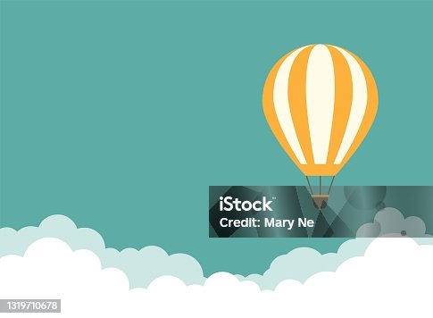 istock Orange hot air balloon flying in blue sky with clouds. Flat cartoon horizontal background. 1319710678