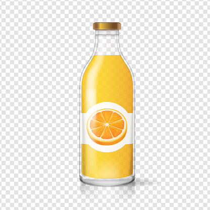 Orange juice bottle glas with juice label. Fruit beverage packaging. Realistoc vector