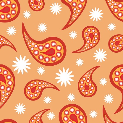 Orange paisley with white blossom seamless pattern