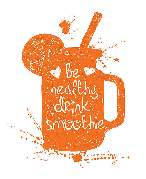Orange smoothie in mason jar silhouette. Hand drawn illustration of isolated orange smoothie in mason jar silhouette on a white background. Typography poster with creative slogan. smoothie silhouettes stock illustrations