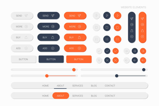orange web elements with navigation, buttons, icons for use on the site orange web elements with navigation, buttons, icons for use on the site graphical user interface stock illustrations