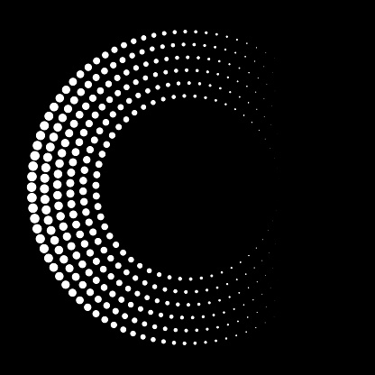 Orbital dots in concentric circles around copy space. Horizontal size gradient on black.