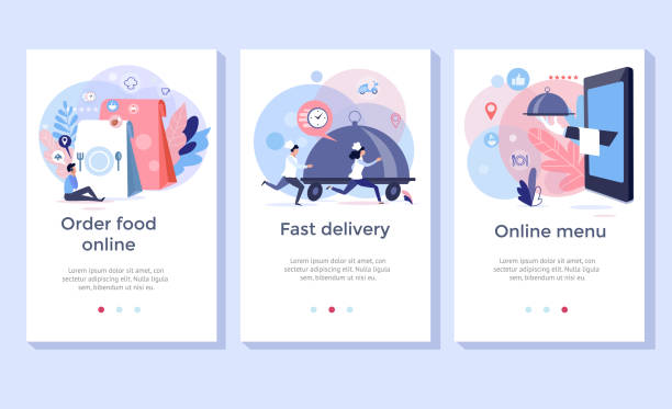 Order food online banners. Order food online banners, mobile application design, vector illustration menu illustrations stock illustrations