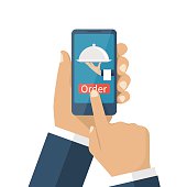 Man holding smartphone, order food online. Vector illustration, flat design. Concept of online shopping. Application for food orders, tray in hand delivery.