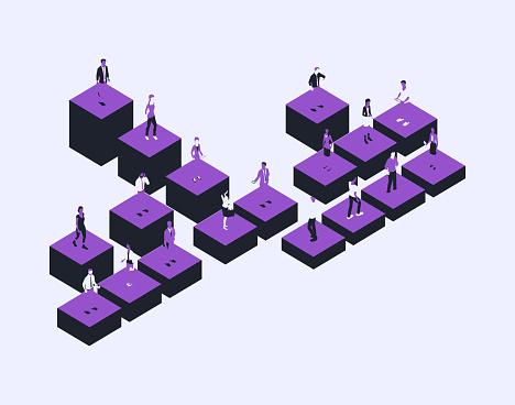 Org chart with people in a purple color palette
