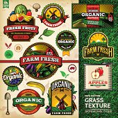 A collection of organic farm fresh labels, badges and illustrations. A tilable vector grass texture is included. EPS 10 file, layered & grouped, with meshes and transparencies (shadows & overall effects only).