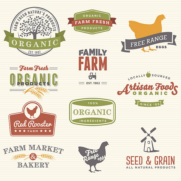 ilustraciones, imágenes clip art, dibujos animados e iconos de stock de etiquetas de granja ecológica - farmers market