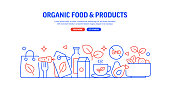 Organic Food and Products Related Web Banner Line Style. Modern Linear Design Vector Illustration for Web Banner, Website Header etc.