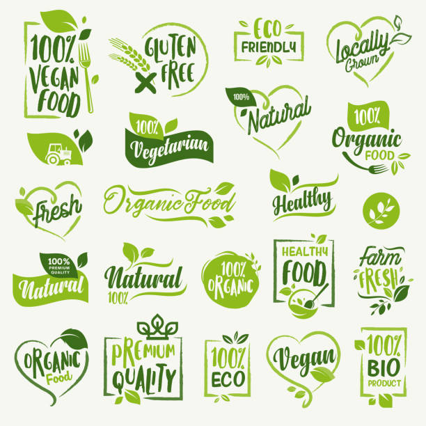 ilustrações de stock, clip art, desenhos animados e ícones de organic food, farm fresh and natural product stickers and labels collection for food market, ecommerce, organic products promotion, healthy life and premium quality food and drink. - natural food web