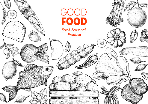 Organic food illustration. Farmers market design elements. Hand drawn sketch. Various food frame. Good food store concept.